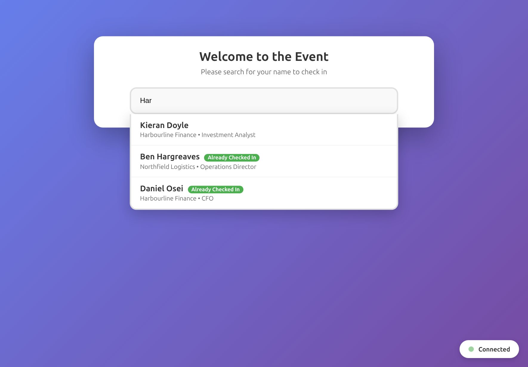 The Check-in kiosk with an attendee search