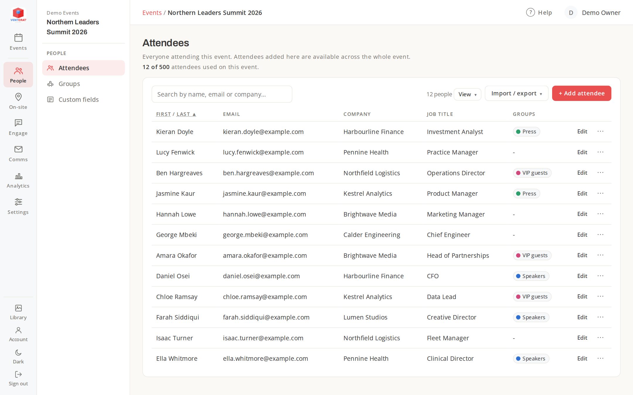 The EventCrate dashboard showing an event’s attendees
